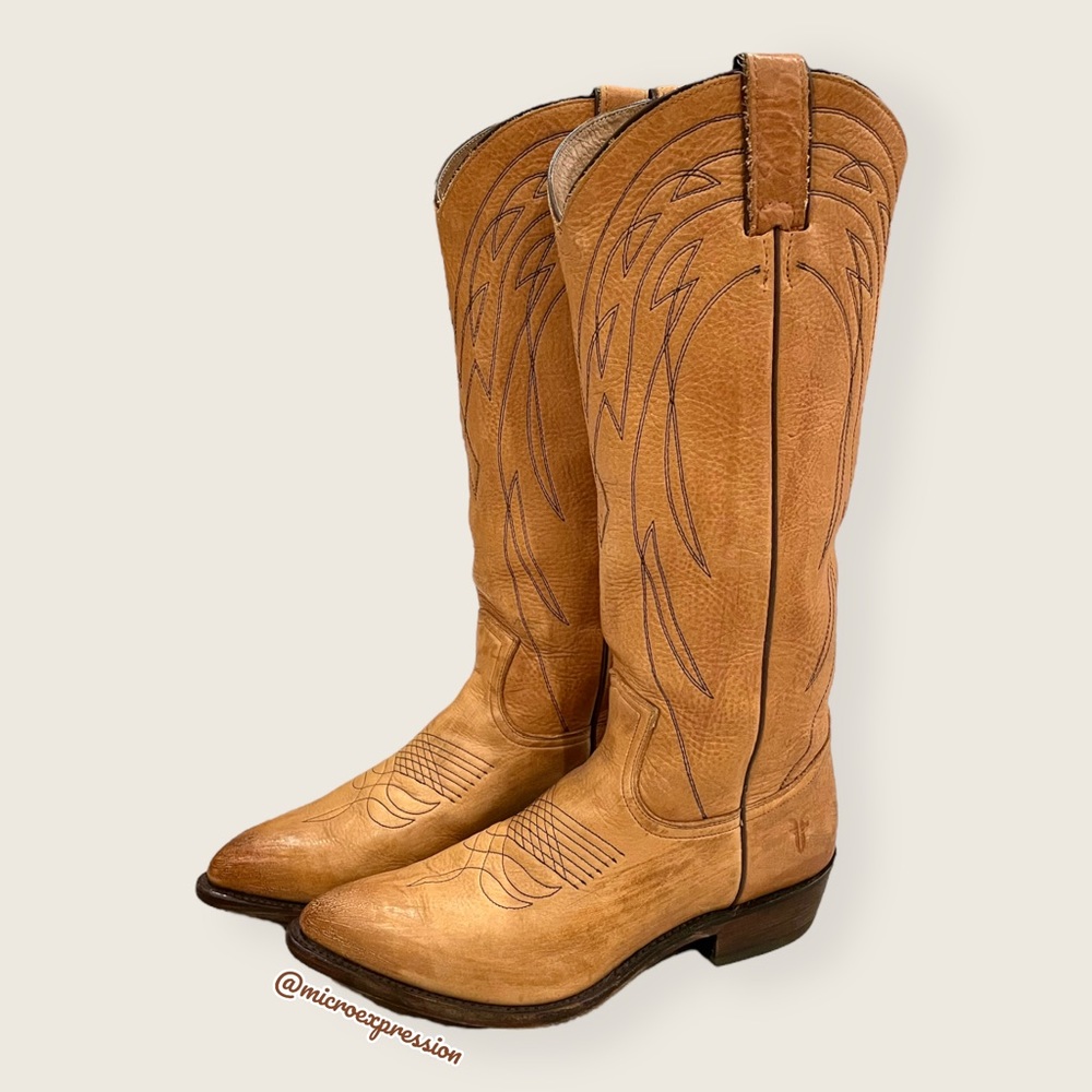 $399 Frye Billy Pull On Tan Leather Embroidered Tonal Stitch Tall Cowboy Boots - Picture 8 of 16